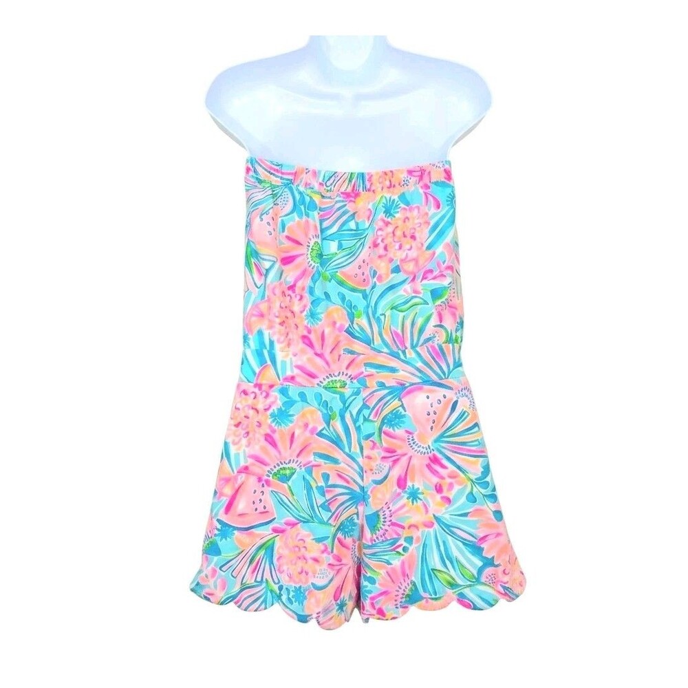 Lilly Pulitzer Jace Strapless Romper S Scalloped Hem Floral Pockets Beach Pool - Picture 2 of 15